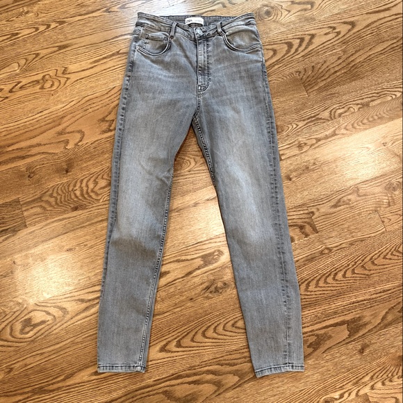 Zara denim vintage wash grey charcoal high rise straight leg ankle jeans - Picture 5 of 13